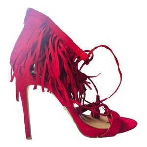 JustFab "Nathalie" Red Faux Suede Peep Toe Fringe Heeled Pumps Sz 10